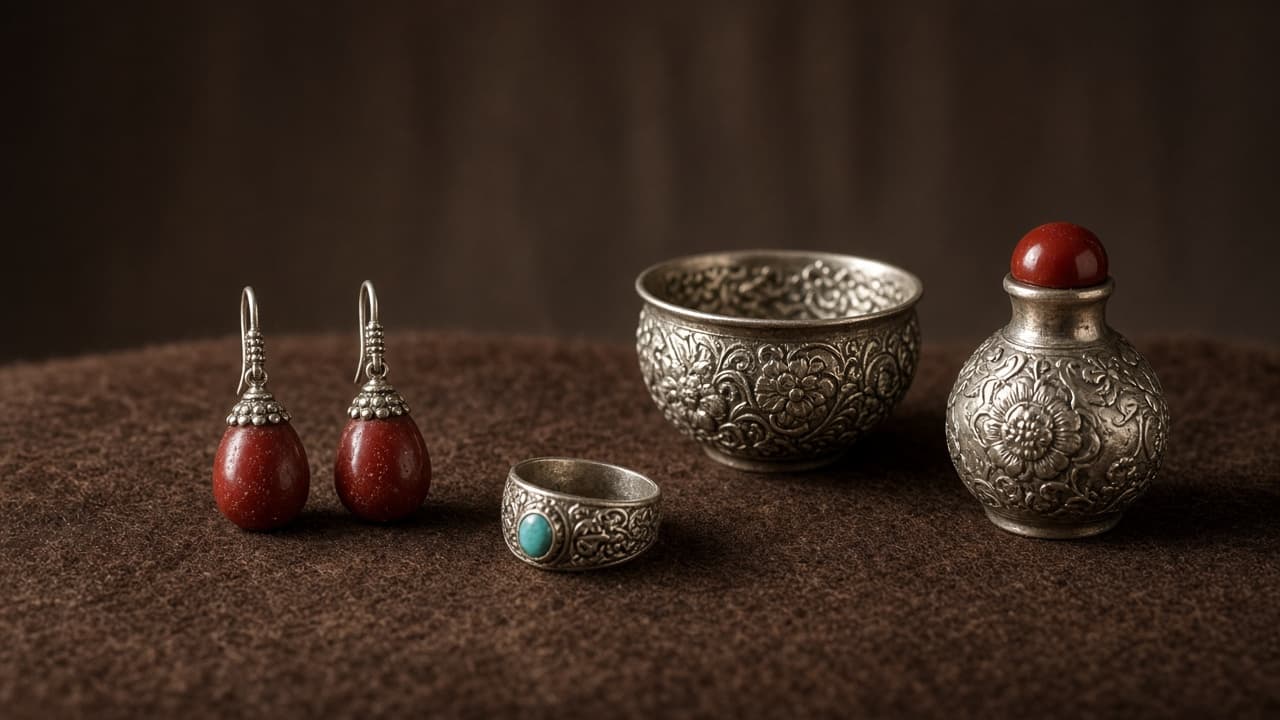 Silver jewellery, a coral snuff bottle, and a small bowl arranged on dark felt.